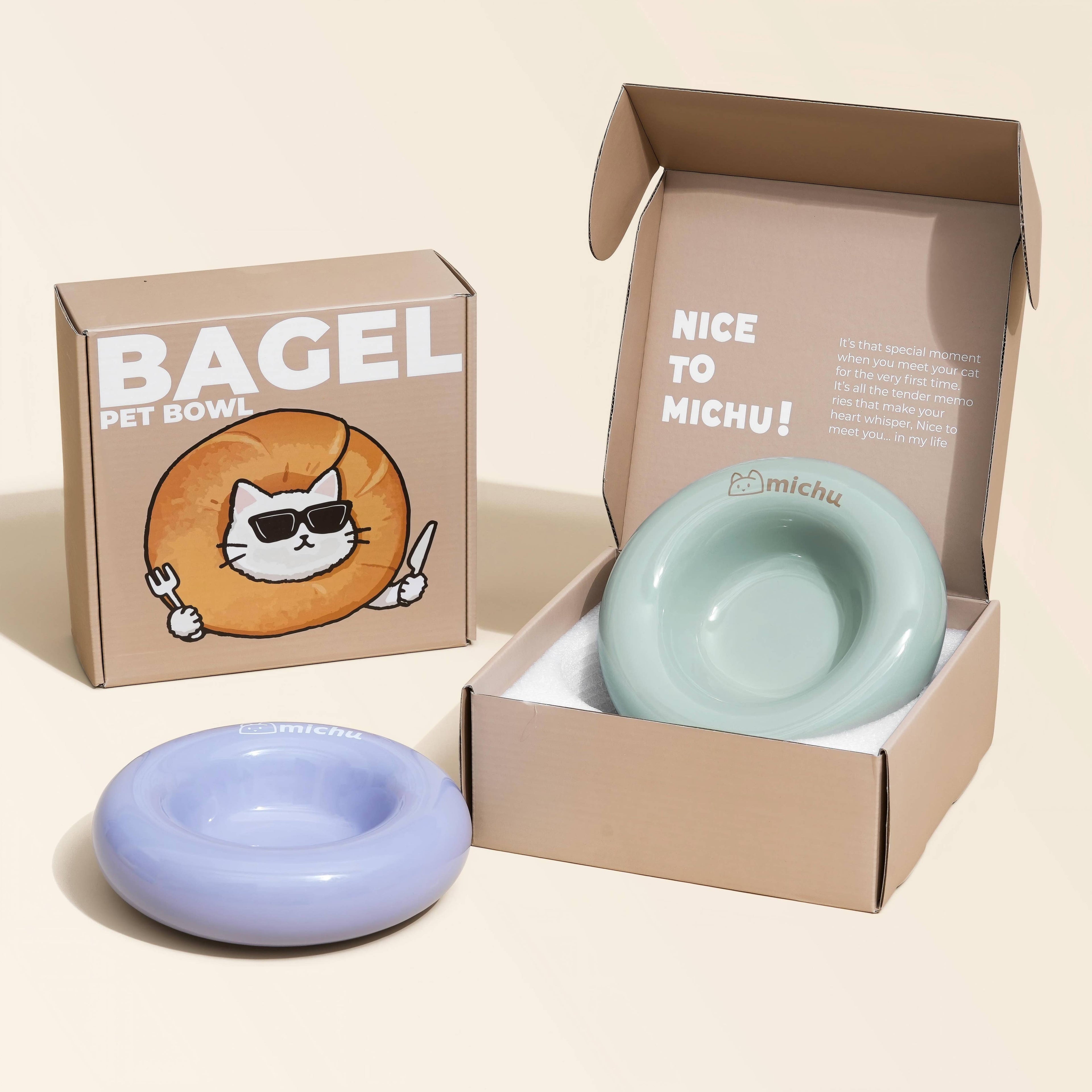 Michu Bagel Ceramic Cat Bowl – Anti-Whisker Wide Shallow Cat Food Bowl | 6 Colors