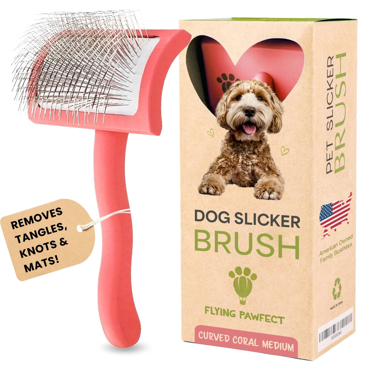 Pet Slicker Brush for Dogs and Cats, Curved Coral Medium