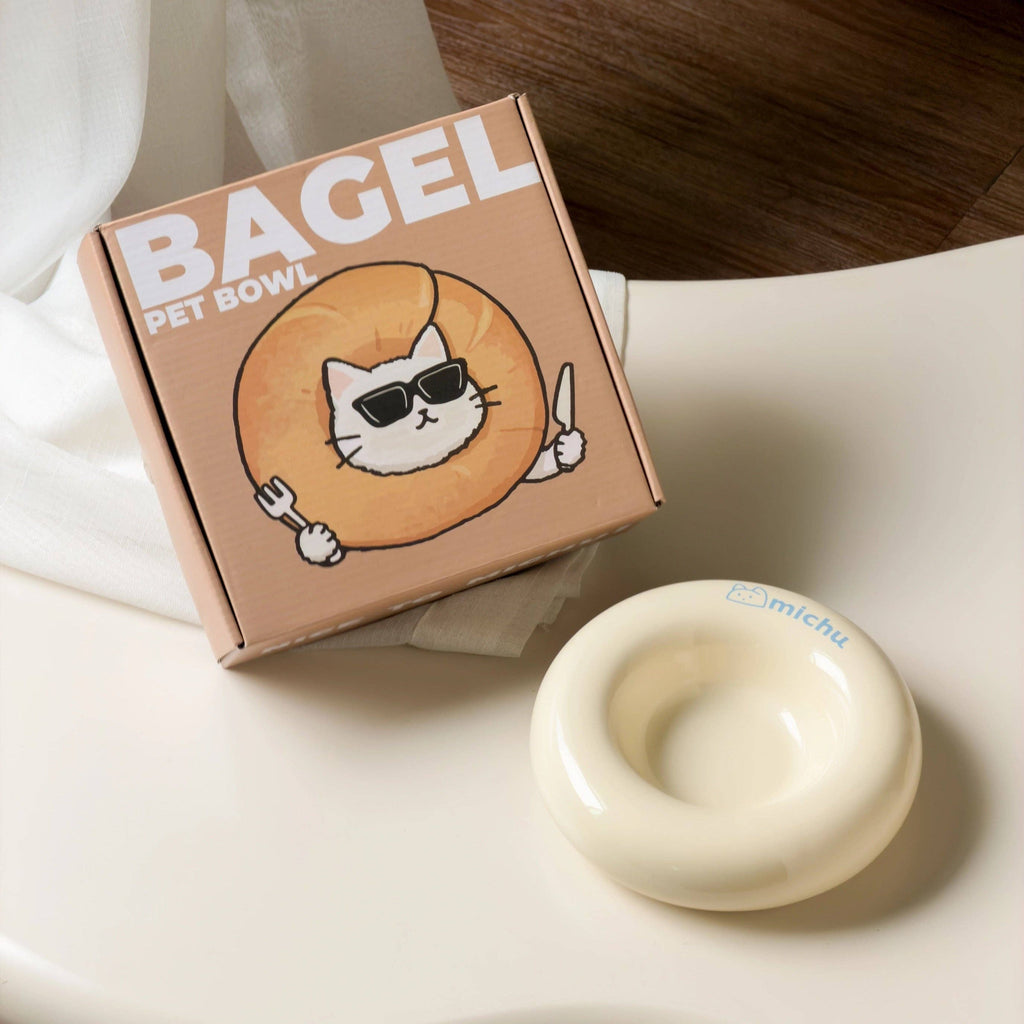 Michu Bagel Ceramic Cat Bowl – Anti-Whisker Wide Shallow Cat Food Bowl | 6 Colors