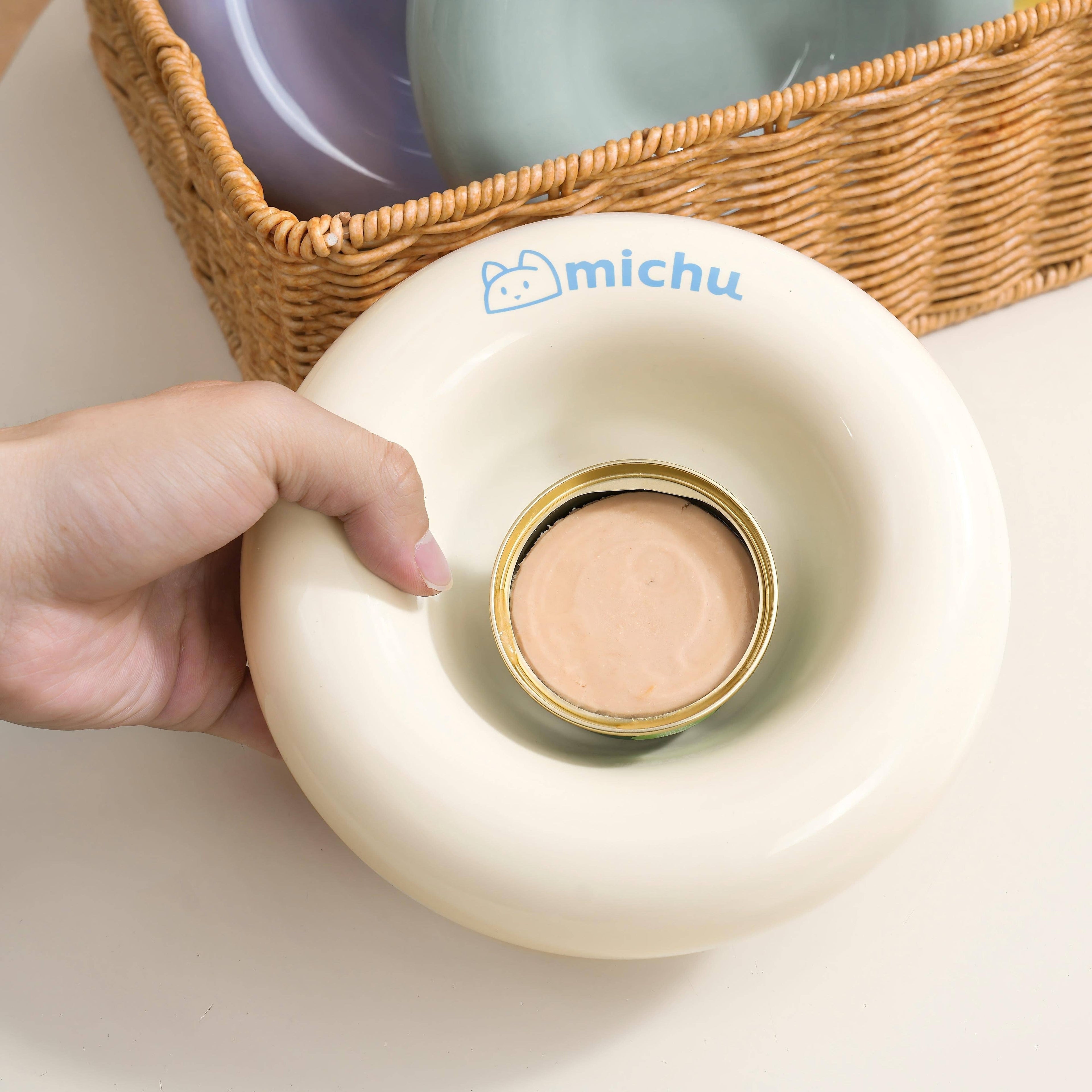 Michu Bagel Ceramic Cat Bowl – Anti-Whisker Wide Shallow Cat Food Bowl | 6 Colors