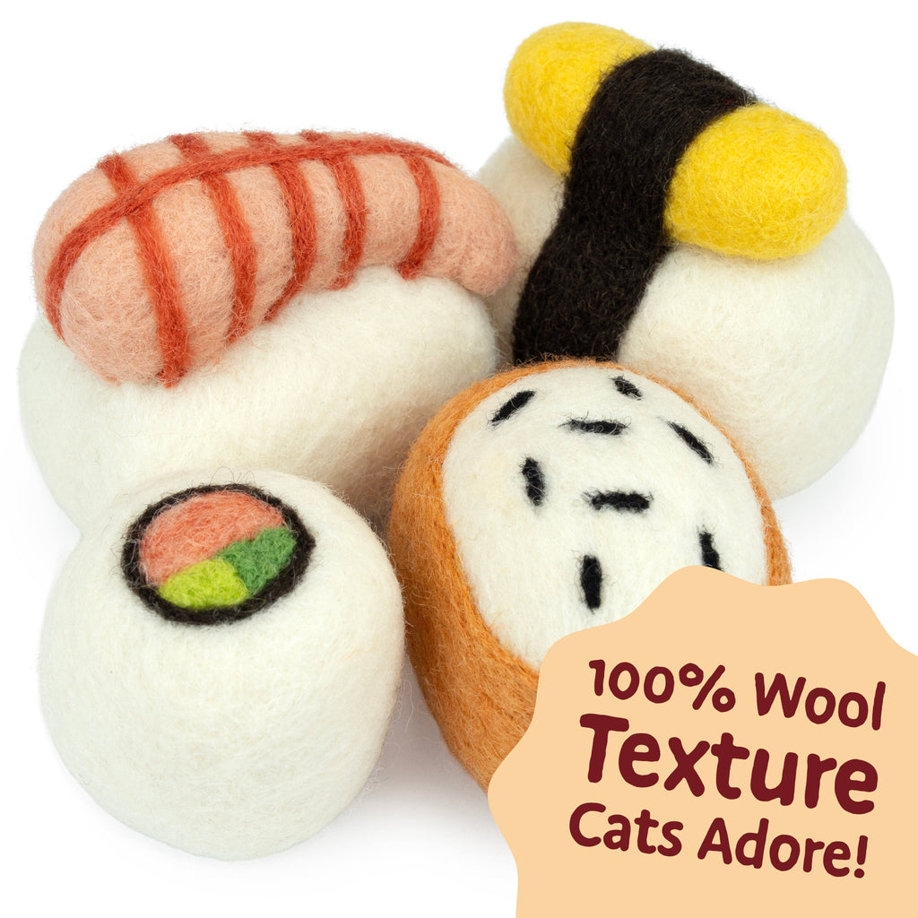 Wool Felt Sushi Cat Toy Set – Handmade Cat Toys, 4 Pieces