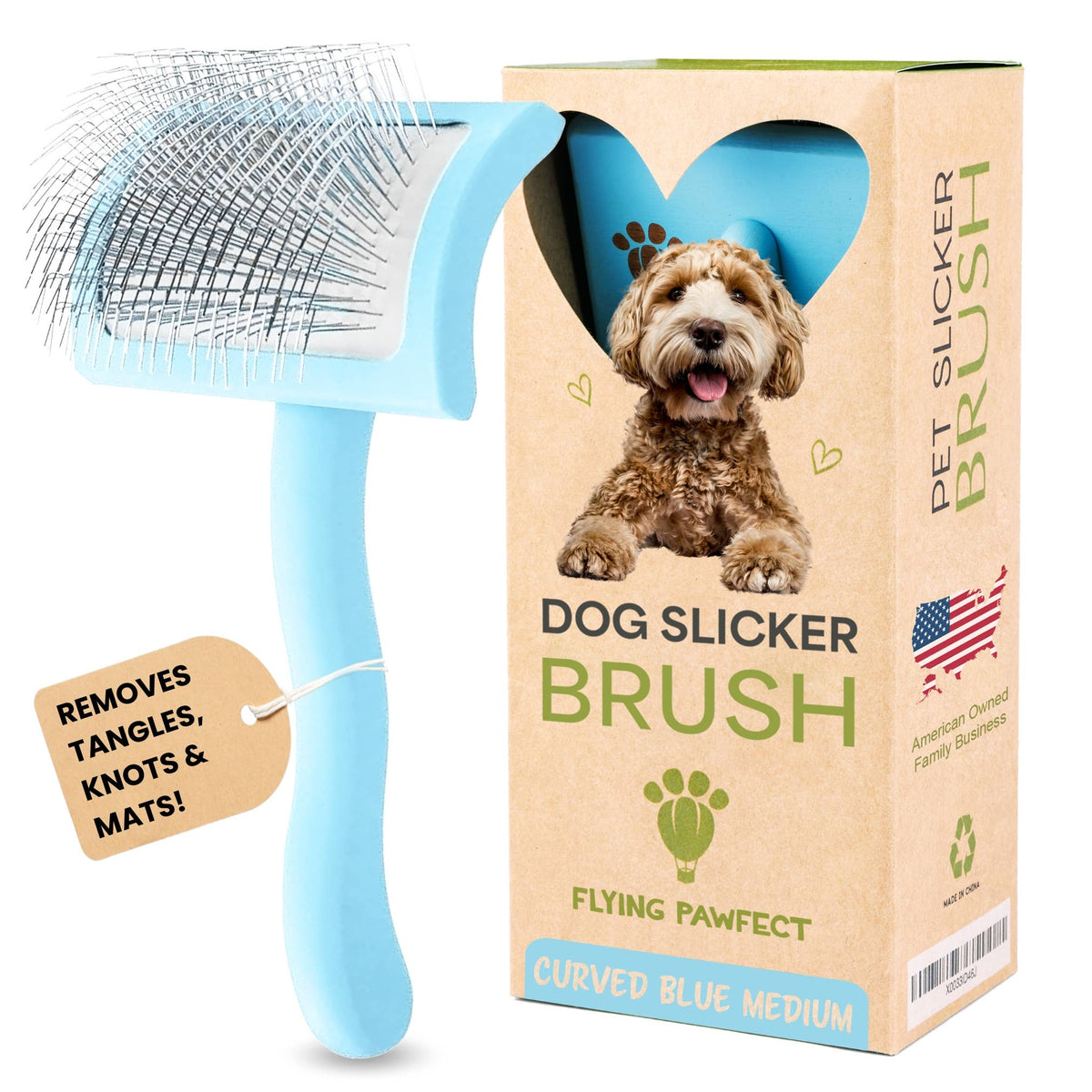 Pet Slicker Brush for Dogs and Cats, Curved Baby Blue Medium