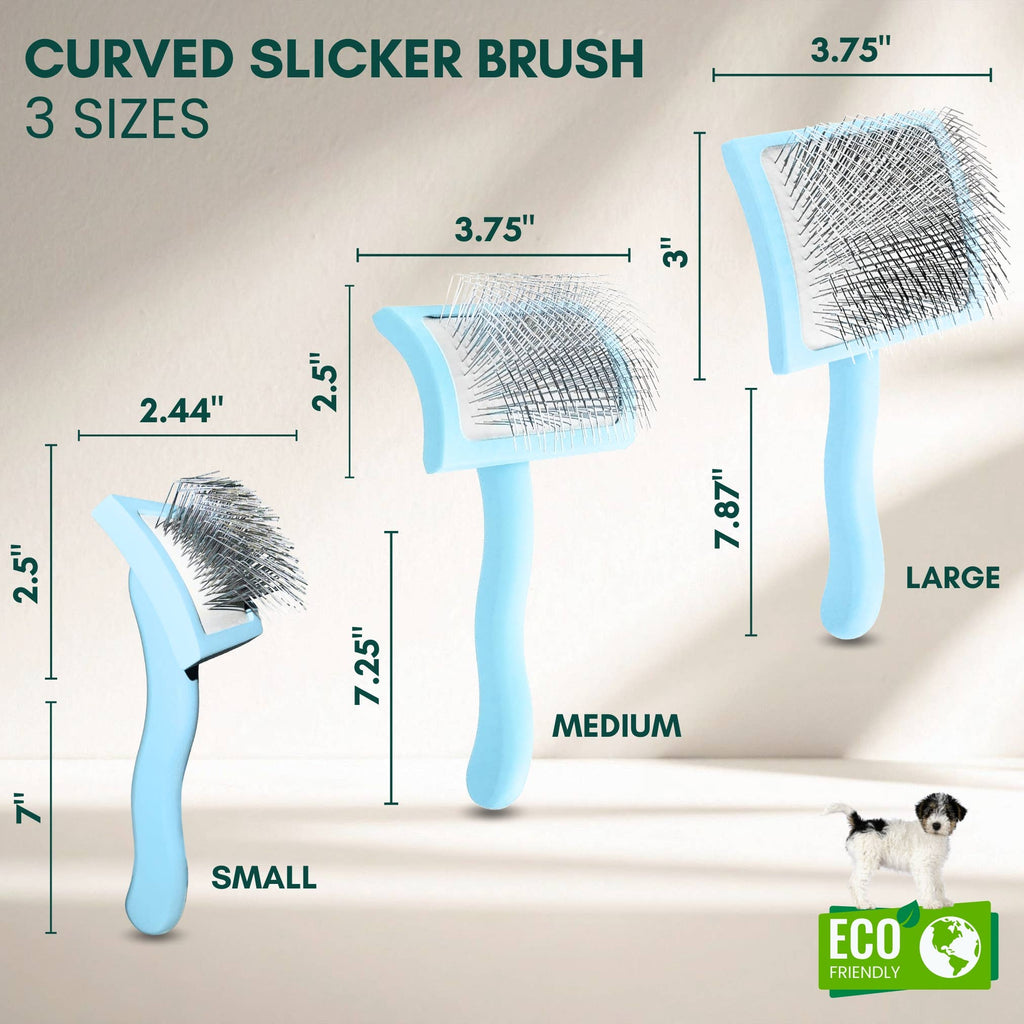 Pet Slicker Brush for Dogs and Cats, Curved Baby Blue Medium
