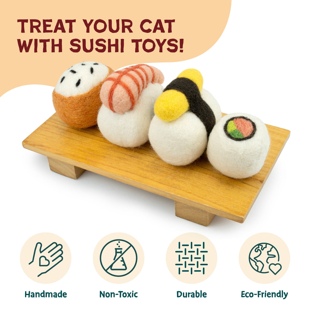 Wool Felt Sushi Cat Toy Set – Handmade Cat Toys, 4 Pieces