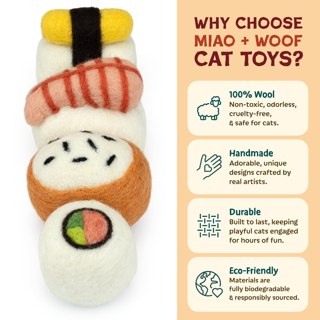 Wool Felt Sushi Cat Toy Set – Handmade Cat Toys, 4 Pieces