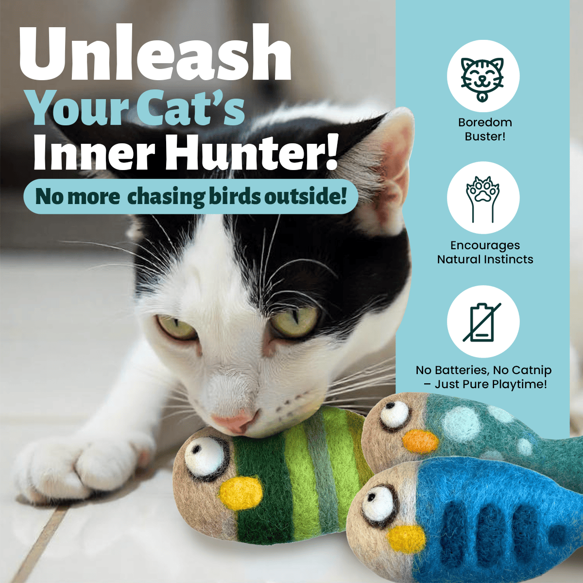 Fish Wool Felt Cat Toy Set – Handmade Cat Toys, 3 Pieces