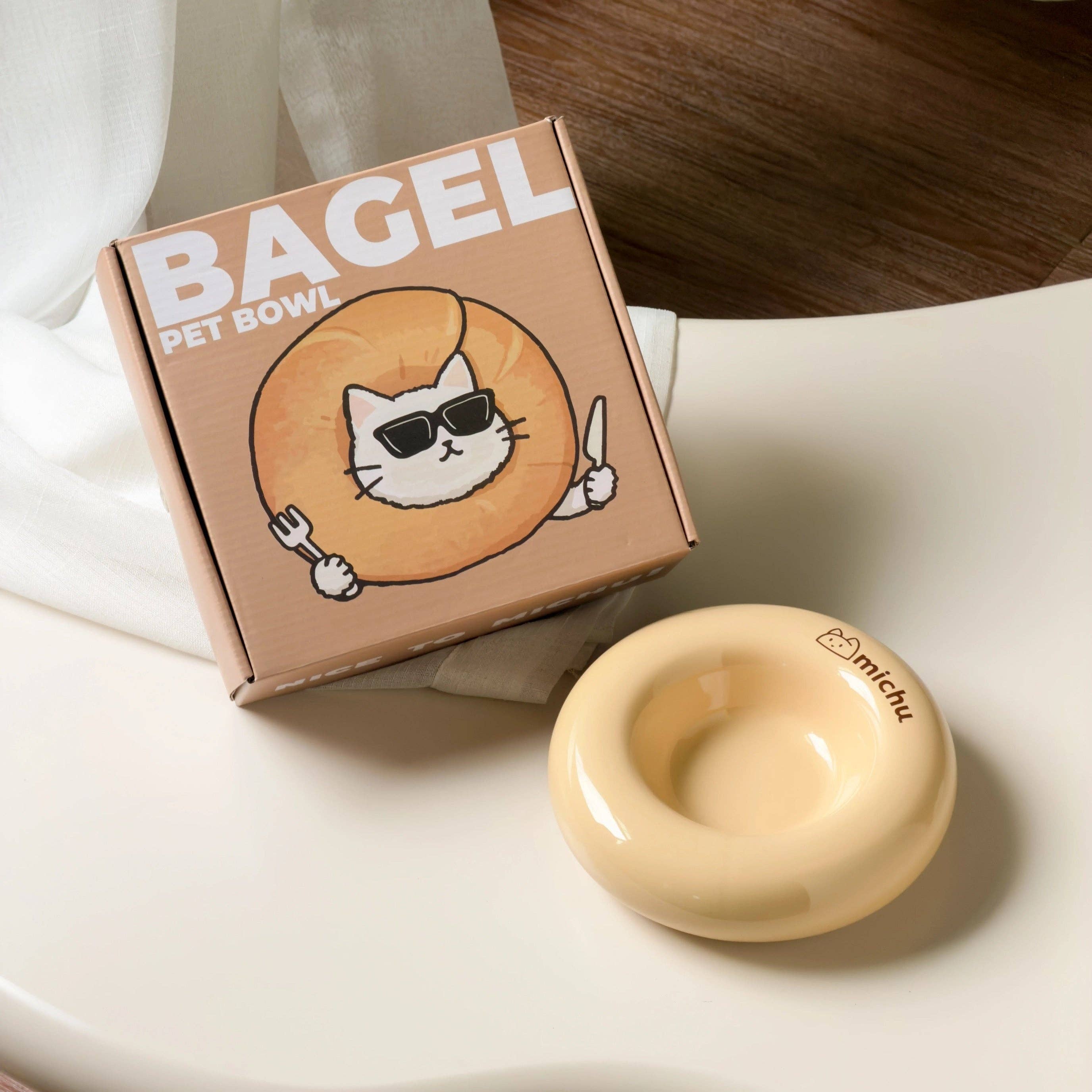 Michu Bagel Ceramic Cat Bowl – Anti-Whisker Wide Shallow Cat Food Bowl | 6 Colors