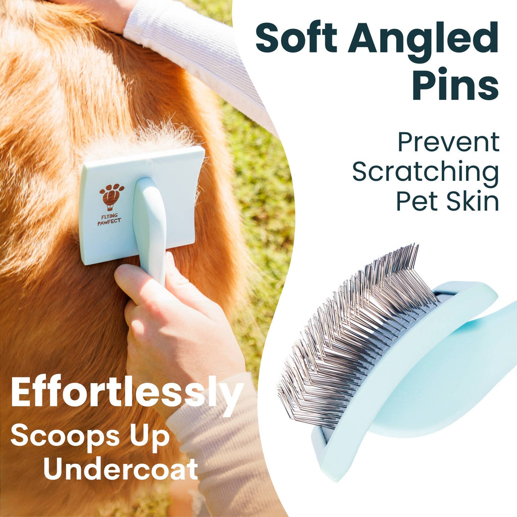 Pet Slicker Brush for Dogs and Cats, Curved Baby Blue Medium