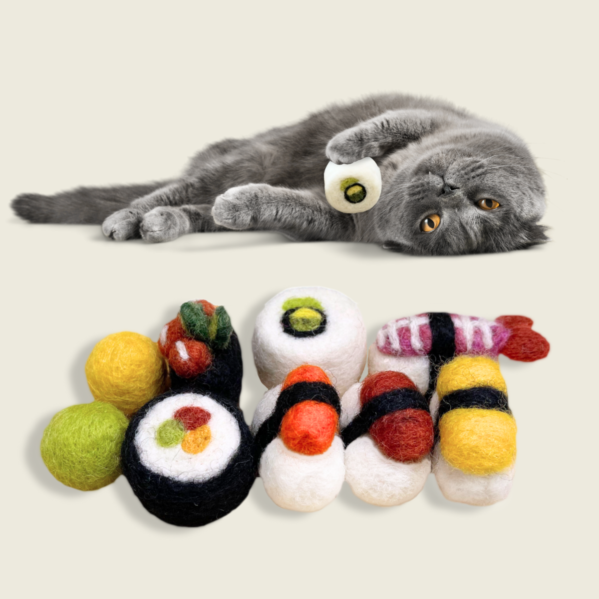 Sushi Cat Toy Set – Handmade Wool Felt Toys, 8 Pieces